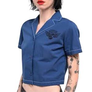 Empyre Blue Bucky Keep On Crop Button Up Shirt Size XL